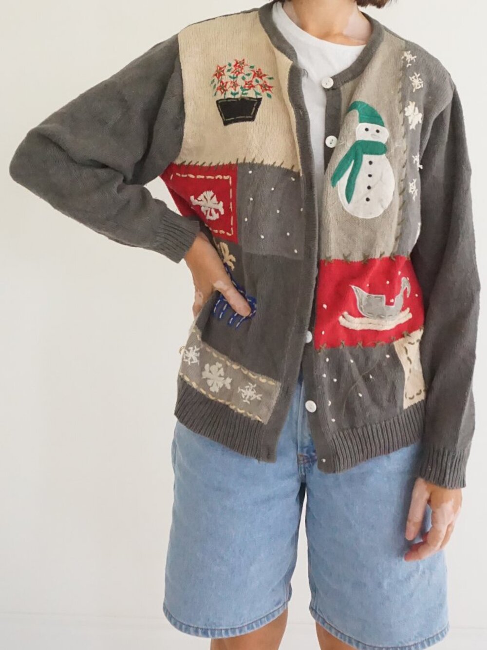 Vintage Ashley Hill Grey Snowman Snowflakes Ice Skate Ugly Christmas Cardigan XL